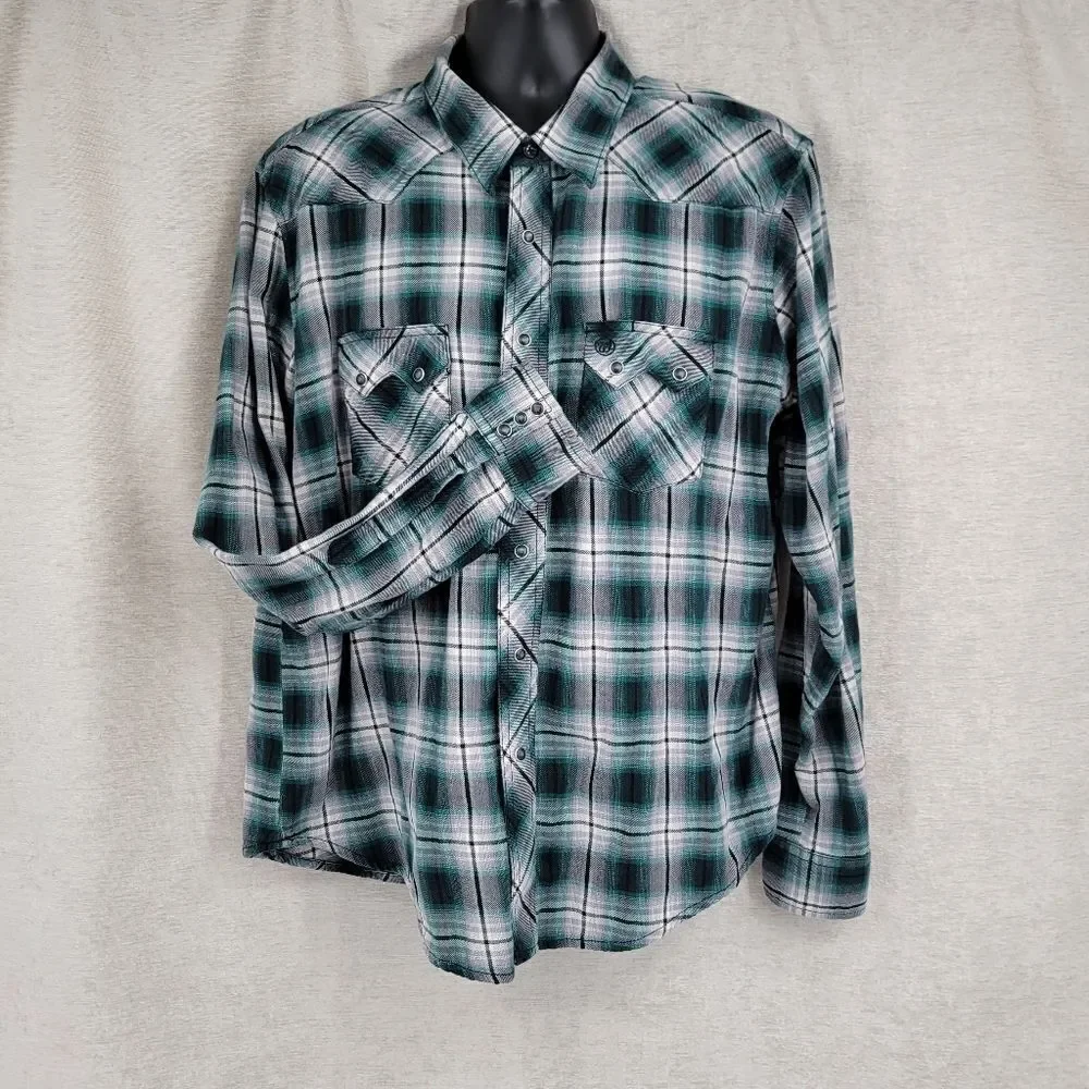 Wrangler Green Black Flannel Long Sleeve Western Pearl Snap Shirt Men's XL